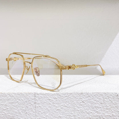 Chrome Hearts-Style Gothic Metal Aviator Glasses 54mm Double Bridge Square Frame with Fleur-de-Lis & Dagger Details CH8034