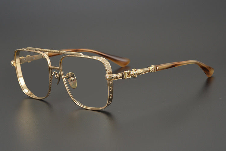Chrome Hearts-Style Titanium Aviator Glasses 55mm Double Bridge Square Eyeglasses Vintage Full Rim Optical Frame with Fleur-de-Lis Engraving & Dagger Temples CH5401