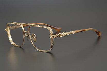 Chrome Hearts-Style Titanium Aviator Glasses 55mm Double Bridge Square Eyeglasses Vintage Full Rim Optical Frame with Fleur-de-Lis Engraving & Dagger Temples CH5401