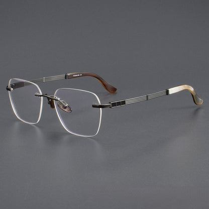 Luxury Rimless Polygon Glasses with Buffalo Horn Temples | Pure Titanium Designer Eyeglass Frame SH00118A