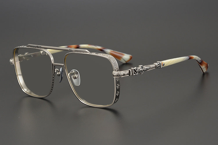 Chrome Hearts-Style Titanium Aviator Glasses 55mm Double Bridge Square Eyeglasses Vintage Full Rim Optical Frame with Fleur-de-Lis Engraving & Dagger Temples CH5401