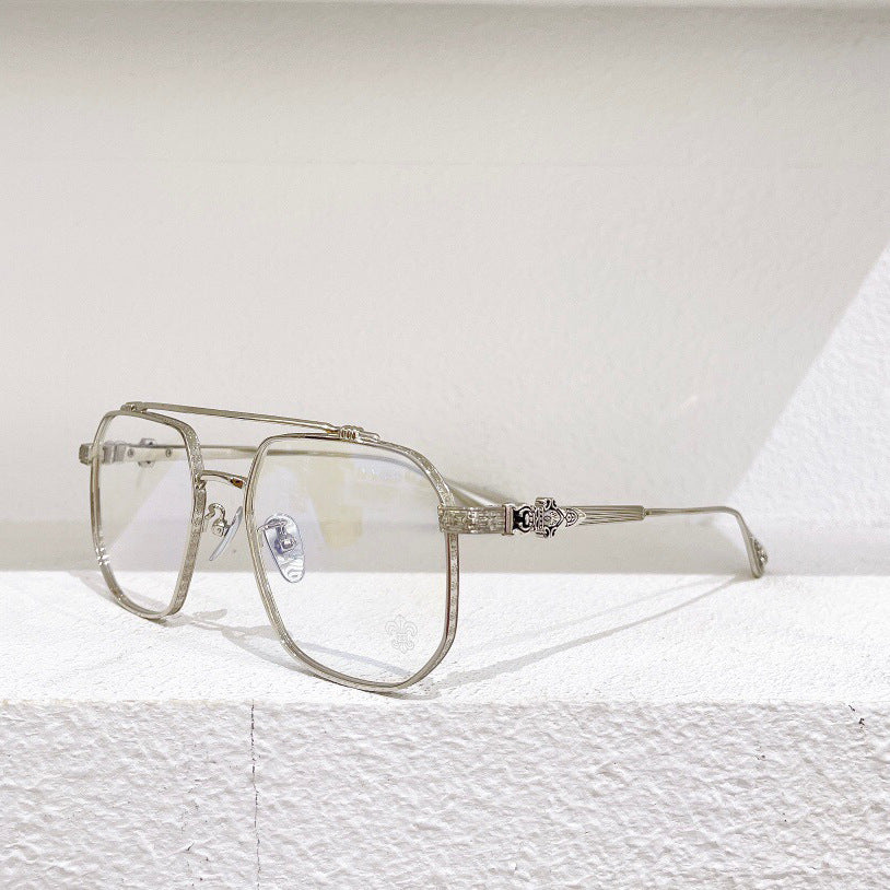 Chrome Hearts-Style Gothic Metal Aviator Glasses 54mm Double Bridge Square Frame with Fleur-de-Lis & Dagger Details CH8034