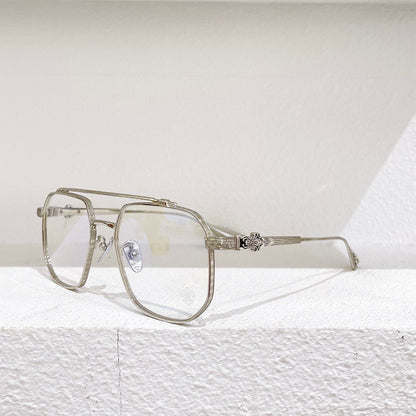 Chrome Hearts-Style Gothic Metal Aviator Glasses 54mm Double Bridge Square Frame with Fleur-de-Lis & Dagger Details CH8034