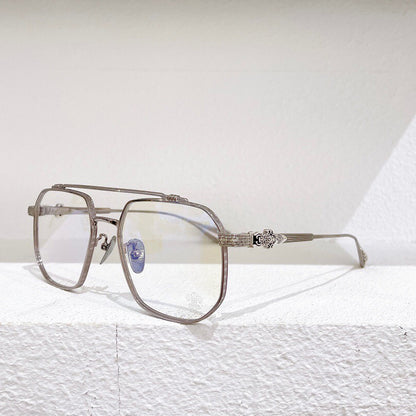 Chrome Hearts-Style Gothic Metal Aviator Glasses 54mm Double Bridge Square Frame with Fleur-de-Lis & Dagger Details CH8034