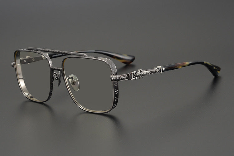 Chrome Hearts-Style Titanium Aviator Glasses 55mm Double Bridge Square Eyeglasses Vintage Full Rim Optical Frame with Fleur-de-Lis Engraving & Dagger Temples CH5401