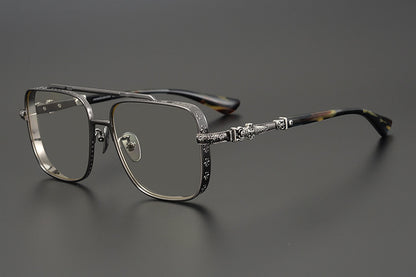 Chrome Hearts-Style Titanium Aviator Glasses 55mm Double Bridge Square Eyeglasses Vintage Full Rim Optical Frame with Fleur-de-Lis Engraving & Dagger Temples CH5401