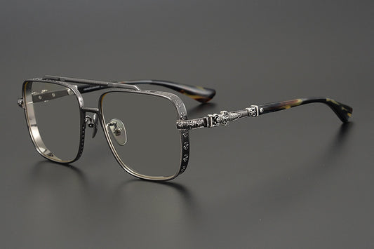 Chrome Hearts-Style Titanium Aviator Glasses 55mm Double Bridge Square Eyeglasses Vintage Full Rim Optical Frame with Fleur-de-Lis Engraving & Dagger Temples CH5401