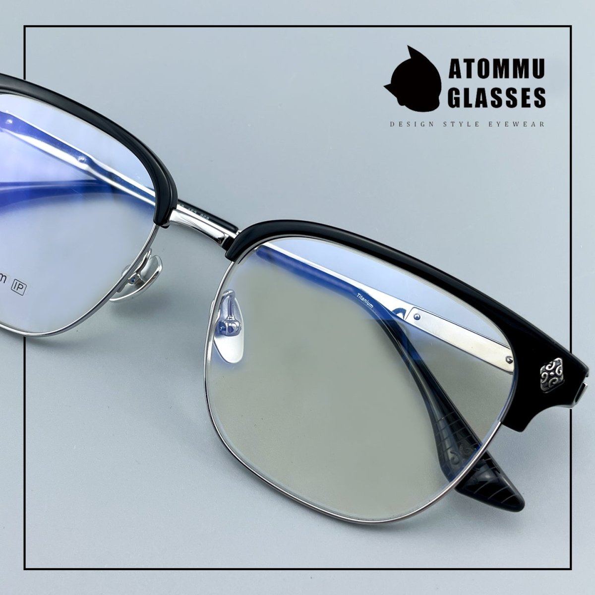 Black Samurai Browline Semi - Rimless Glasses | Gothic Pure Titanium Eyewear for Men with Large Face – Full Frame Style High Prescription Ready - HP eyeglasses