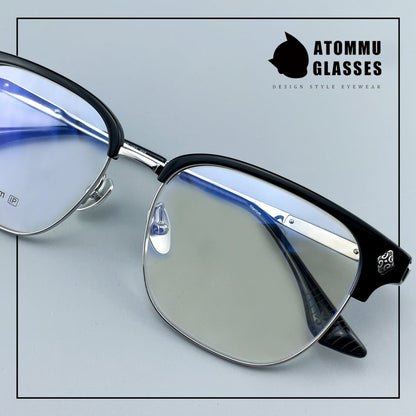 Black Samurai Browline Semi - Rimless Glasses | Gothic Pure Titanium Eyewear for Men with Large Face – Full Frame Style High Prescription Ready - HP eyeglasses