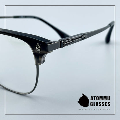 Black Samurai Browline Semi - Rimless Glasses | Gothic Pure Titanium Eyewear for Men with Large Face – Full Frame Style High Prescription Ready - HP eyeglasses