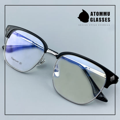 Black Samurai Browline Semi-Rimless Glasses | Gothic Pure Titanium Eyewear for Men with Large Face – Full Frame Style High Prescription Ready