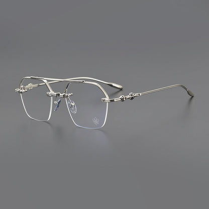 Chrome Hearts Style CH8189 Titanium Aviator Glasses – Half Rim Geometric Rectangle Frames with Double Bridge for Men & Women - HP eyeglasses
