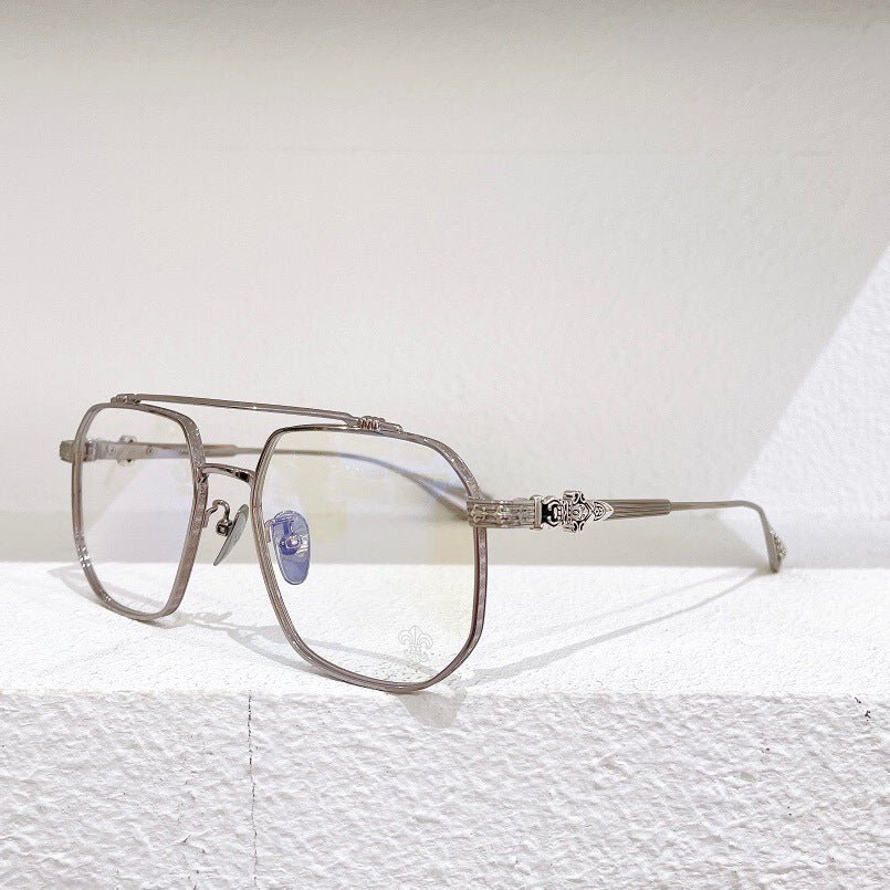 Chrome Hearts-Style Gothic Metal Aviator Glasses 54mm Double Bridge Square Frame with Fleur-de-Lis & Dagger Details CH8034 - HP eyeglasses