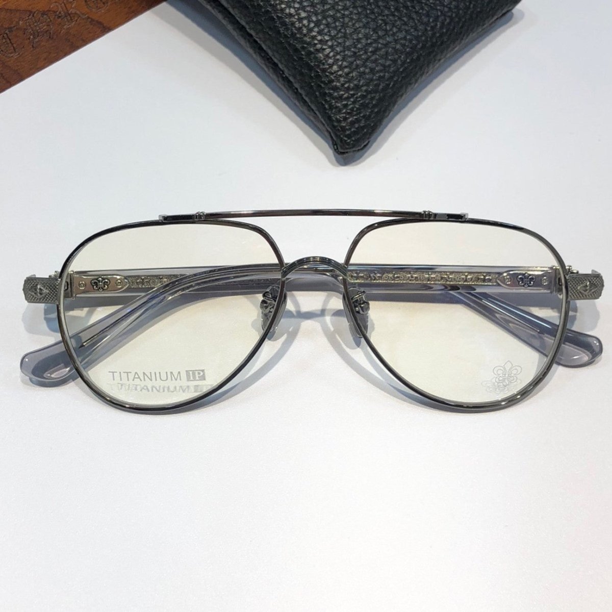 Chrome Hearts-Style Pure Titanium Aviator Glasses 59mm Double Bridge Navigator Frame with Gothic Cross Details CH8187 - HP eyeglasses