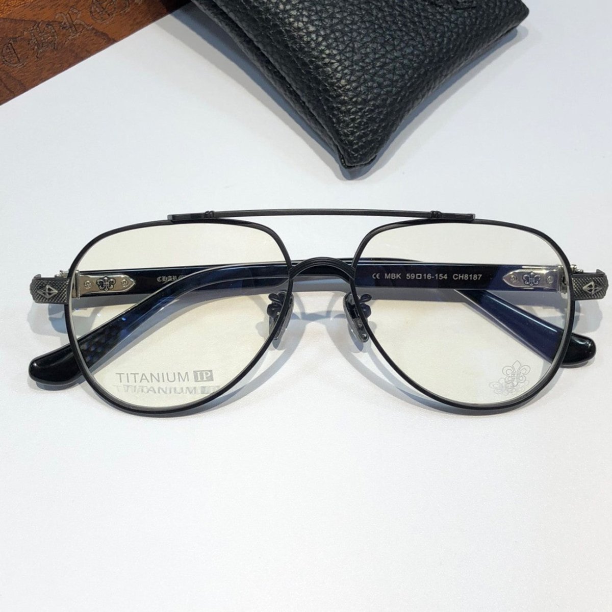 Chrome Hearts-Style Pure Titanium Aviator Glasses 59mm Double Bridge Navigator Frame with Gothic Cross Details CH8187 - HP eyeglasses