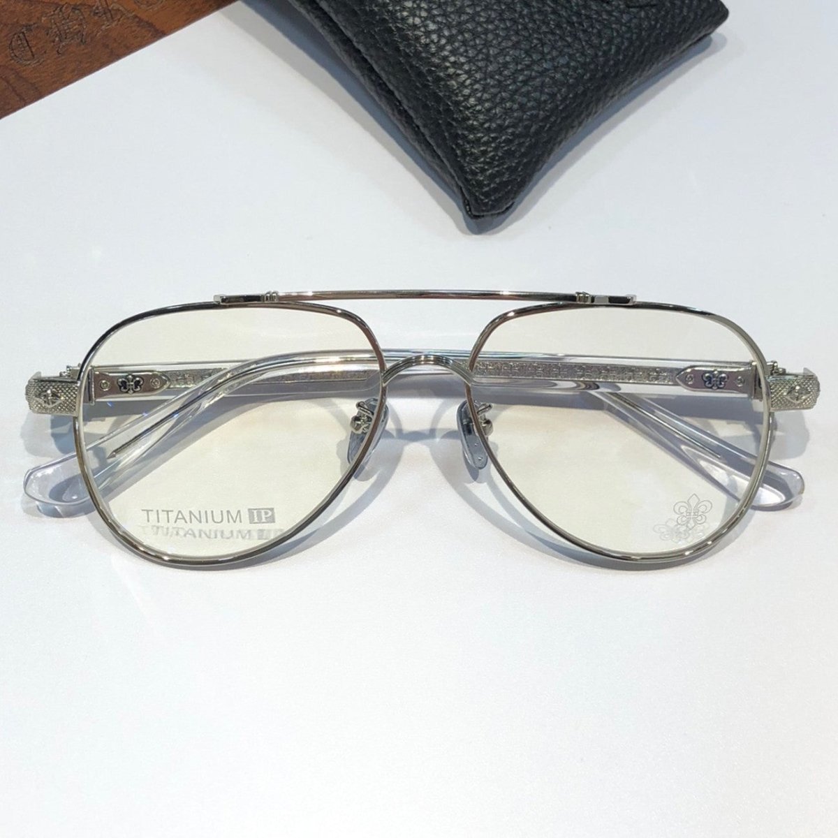 Chrome Hearts-Style Pure Titanium Aviator Glasses 59mm Double Bridge Navigator Frame with Gothic Cross Details CH8187 - HP eyeglasses