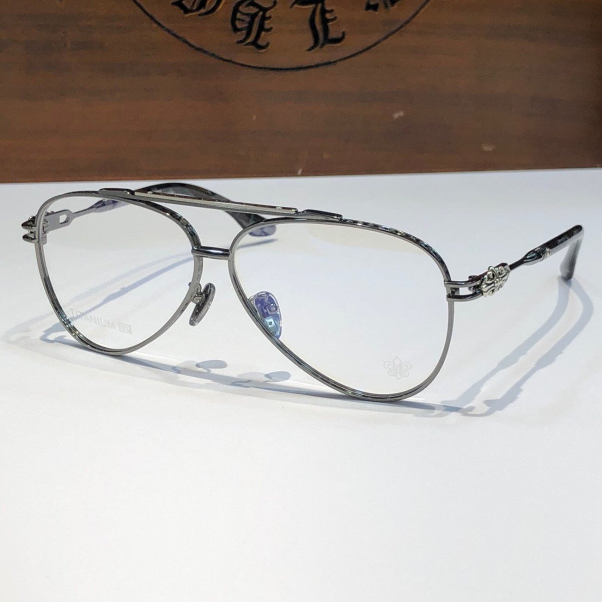 Chrome Hearts-Style Pure Titanium Aviator Glasses 62mm Double Bridge Navigator Frame with Fleur-de-Lis Engraved Temples CH8186 - HP eyeglasses