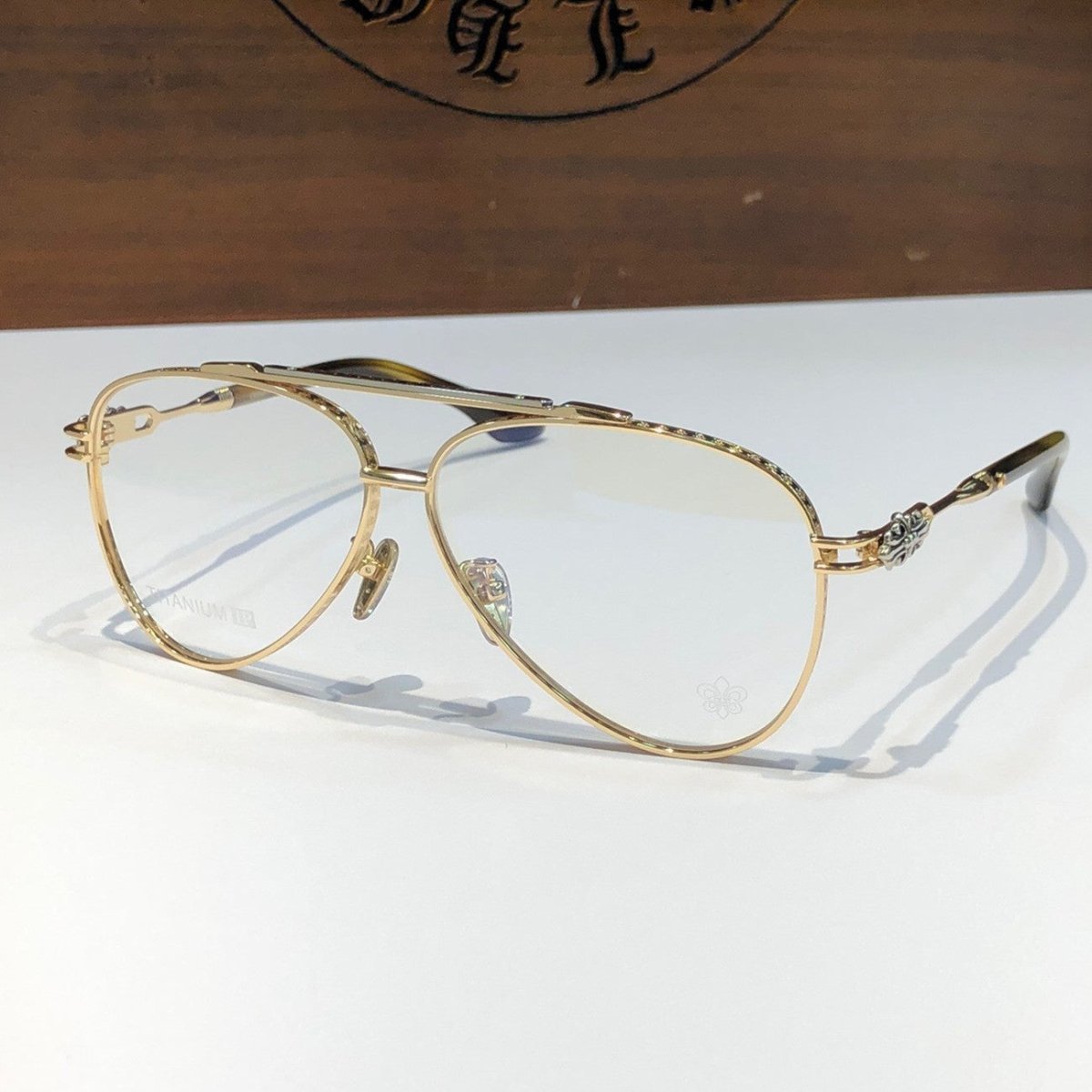 Chrome Hearts-Style Pure Titanium Aviator Glasses 62mm Double Bridge Navigator Frame with Fleur-de-Lis Engraved Temples CH8186 - HP eyeglasses