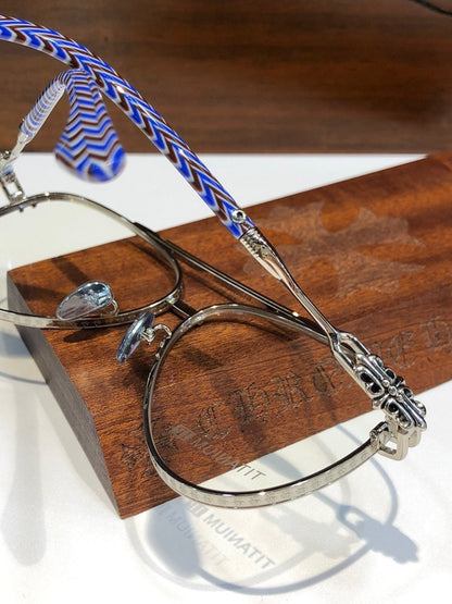 Chrome Hearts-Style Pure Titanium Aviator Glasses 62mm Double Bridge Navigator Frame with Fleur-de-Lis Engraved Temples CH8186 - HP eyeglasses