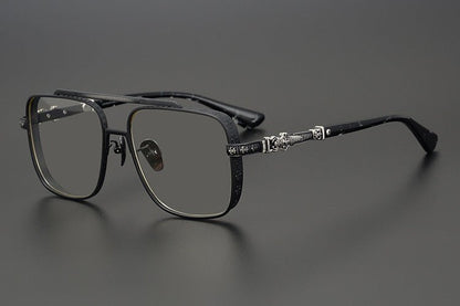Chrome Hearts-Style Titanium Aviator Glasses 55mm Double Bridge Square Eyeglasses Vintage Full Rim Optical Frame with Fleur-de-Lis Engraving & Dagger Temples CH5401 - HP eyeglasses