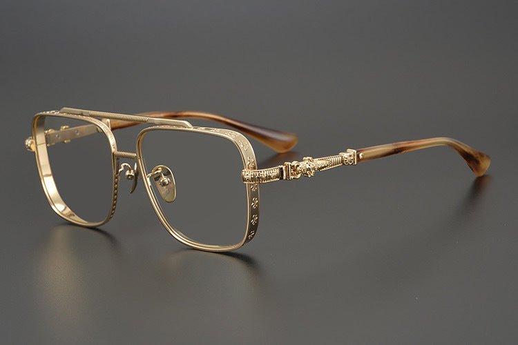 Chrome Hearts-Style Titanium Aviator Glasses 55mm Double Bridge Square Eyeglasses Vintage Full Rim Optical Frame with Fleur-de-Lis Engraving & Dagger Temples CH5401 - HP eyeglasses