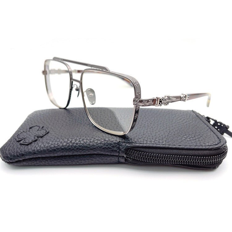 Chrome Hearts-Style Titanium Aviator Glasses 55mm Double Bridge Square Eyeglasses Vintage Full Rim Optical Frame with Fleur-de-Lis Engraving & Dagger Temples CH5401 - HP eyeglasses