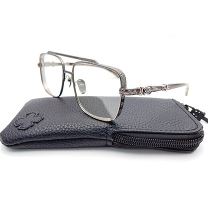 Chrome Hearts-Style Titanium Aviator Glasses 55mm Double Bridge Square Eyeglasses Vintage Full Rim Optical Frame with Fleur-de-Lis Engraving & Dagger Temples CH5401 - HP eyeglasses