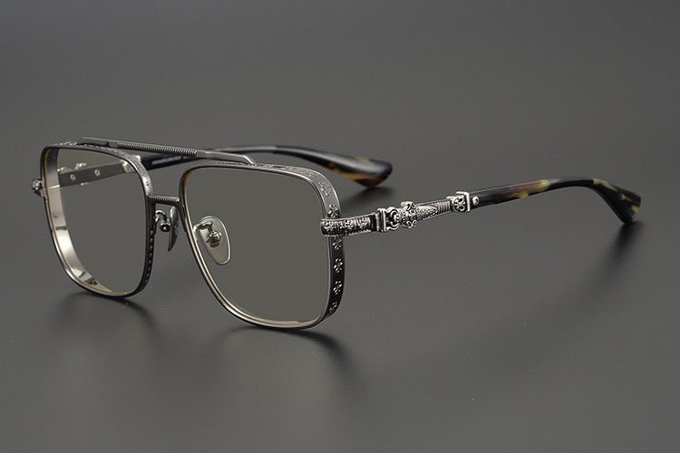 Chrome Hearts-Style Titanium Aviator Glasses 55mm Double Bridge Square Eyeglasses Vintage Full Rim Optical Frame with Fleur-de-Lis Engraving & Dagger Temples CH5401 - HP eyeglasses