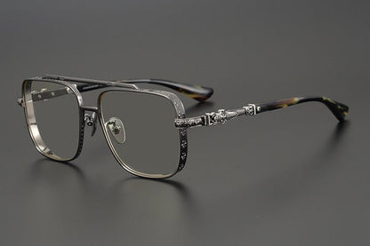 Chrome Hearts-Style Titanium Aviator Glasses 55mm Double Bridge Square Eyeglasses Vintage Full Rim Optical Frame with Fleur-de-Lis Engraving & Dagger Temples CH5401 - HP eyeglasses