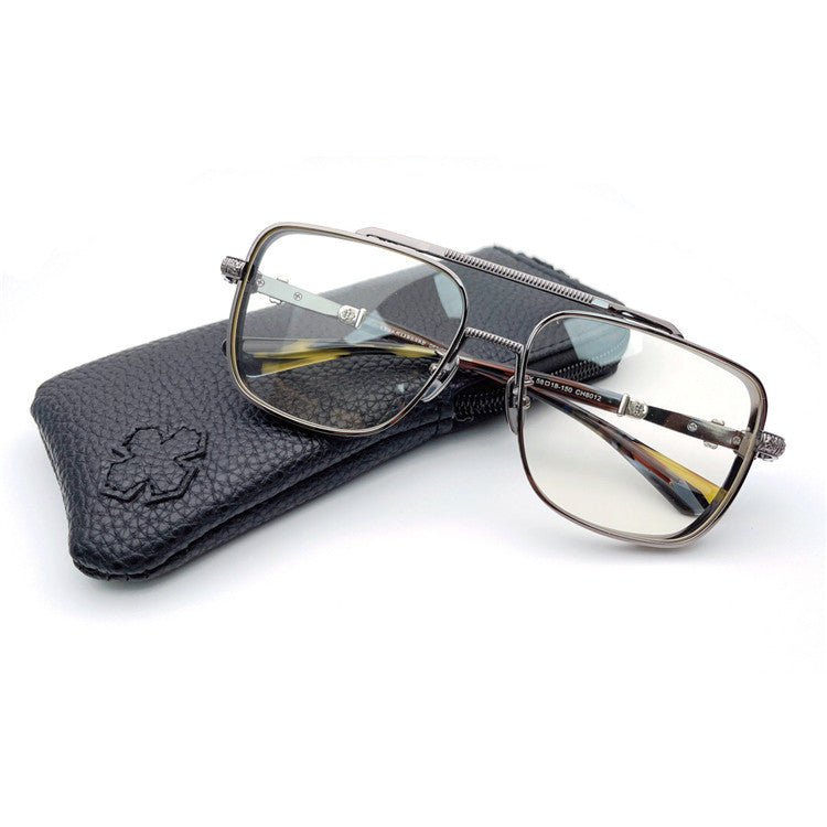 Chrome Hearts-Style Titanium Aviator Glasses 55mm Double Bridge Square Eyeglasses Vintage Full Rim Optical Frame with Fleur-de-Lis Engraving & Dagger Temples CH5401 - HP eyeglasses