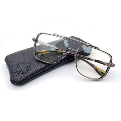 Chrome Hearts-Style Titanium Aviator Glasses 55mm Double Bridge Square Eyeglasses Vintage Full Rim Optical Frame with Fleur-de-Lis Engraving & Dagger Temples CH5401 - HP eyeglasses