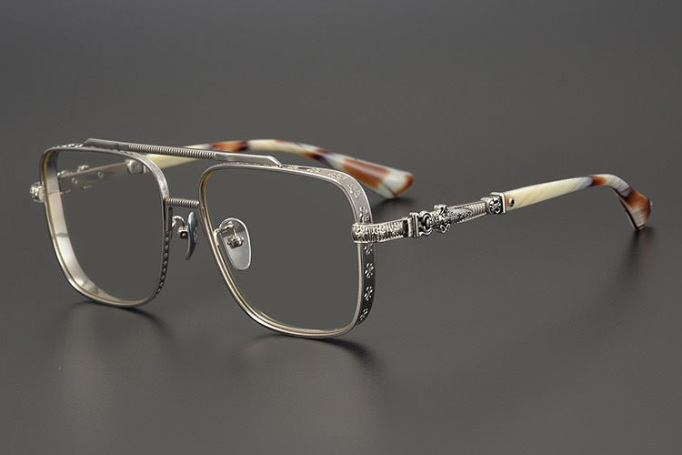 Chrome Hearts-Style Titanium Aviator Glasses 55mm Double Bridge Square Eyeglasses Vintage Full Rim Optical Frame with Fleur-de-Lis Engraving & Dagger Temples CH5401 - HP eyeglasses