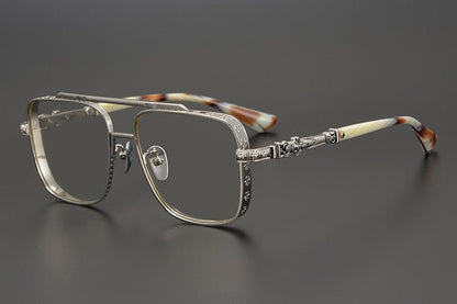 Chrome Hearts-Style Titanium Aviator Glasses 55mm Double Bridge Square Eyeglasses Vintage Full Rim Optical Frame with Fleur-de-Lis Engraving & Dagger Temples CH5401 - HP eyeglasses