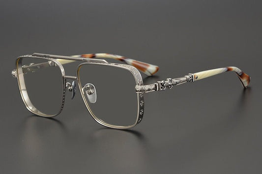 Chrome Hearts-Style Titanium Aviator Glasses 55mm Double Bridge Square Eyeglasses Vintage Full Rim Optical Frame with Fleur-de-Lis Engraving & Dagger Temples CH5401 - HP eyeglasses