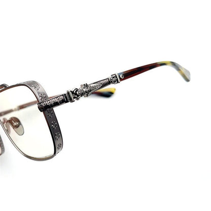 Chrome Hearts-Style Titanium Aviator Glasses 55mm Double Bridge Square Eyeglasses Vintage Full Rim Optical Frame with Fleur-de-Lis Engraving & Dagger Temples CH5401 - HP eyeglasses