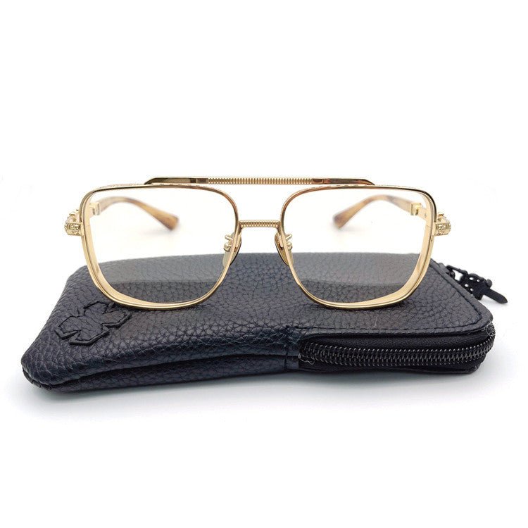 Chrome Hearts-Style Titanium Aviator Glasses 55mm Double Bridge Square Eyeglasses Vintage Full Rim Optical Frame with Fleur-de-Lis Engraving & Dagger Temples CH5401 - HP eyeglasses