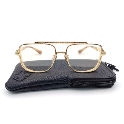 Chrome Hearts-Style Titanium Aviator Glasses 55mm Double Bridge Square Eyeglasses Vintage Full Rim Optical Frame with Fleur-de-Lis Engraving & Dagger Temples CH5401 - HP eyeglasses