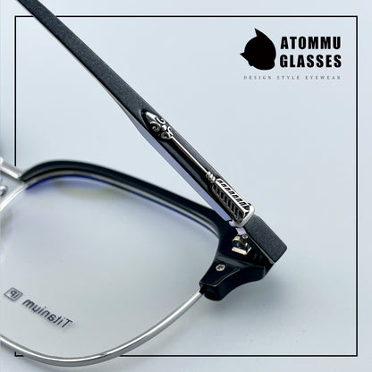 Black Samurai Browline Semi-Rimless Glasses | Gothic Pure Titanium Eyewear for Men with Large Face – Full Frame Style High Prescription Ready