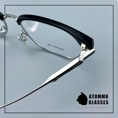 Black Samurai Browline Semi-Rimless Glasses | Gothic Pure Titanium Eyewear for Men with Large Face – Full Frame Style High Prescription Ready