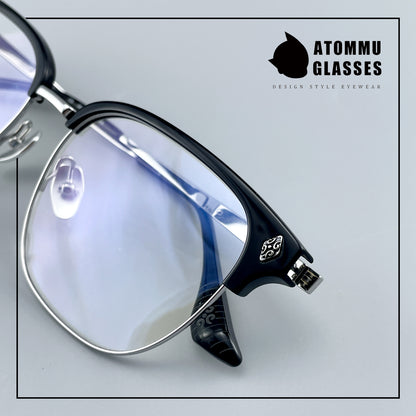 Black Samurai Browline Semi-Rimless Glasses | Gothic Pure Titanium Eyewear for Men with Large Face – Full Frame Style High Prescription Ready