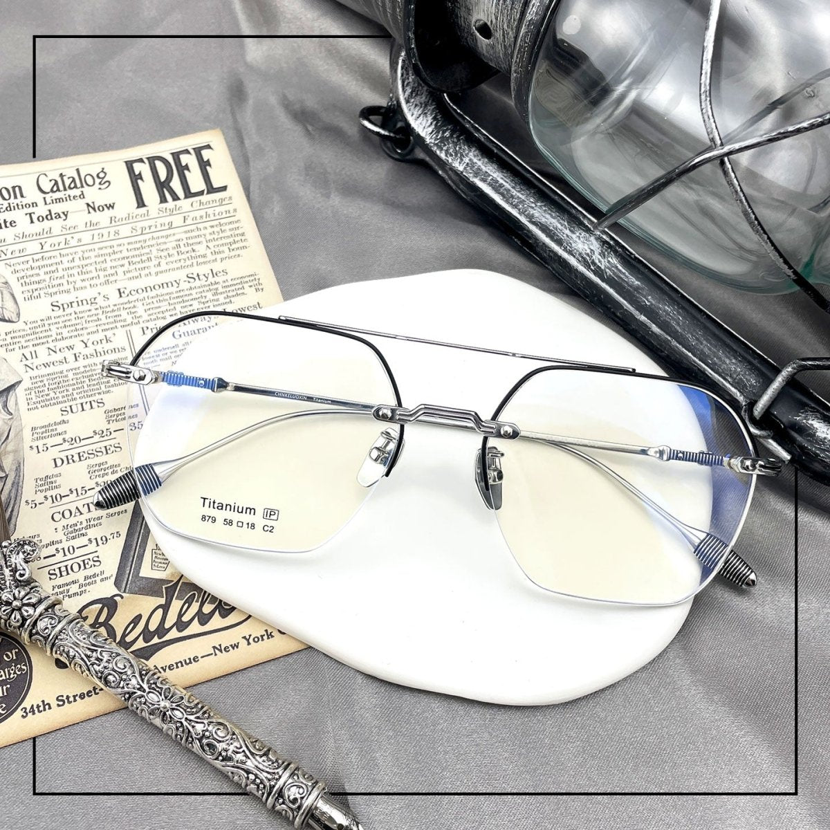 Gothic Old Money Half-Rim Titanium Glasses | Oversized Polygonal Double-Bridge Optical Frame EO-5022 - HP eyeglasses