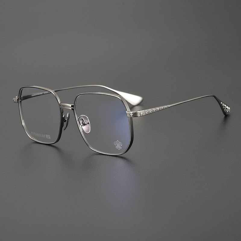 Gothic Punk Oversized Polygon Titanium Eyeglass Frame | Cross - Engraved Chrome - Hearts Style – Ultra - Light Unisex Retro Glasses - HP eyeglasses