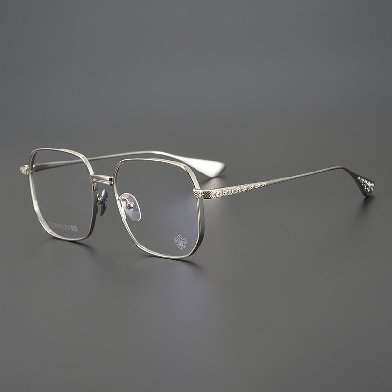 Gothic Punk Oversized Polygon Titanium Eyeglass Frame | Cross - Engraved Chrome - Hearts Style – Ultra - Light Unisex Retro Glasses - HP eyeglasses