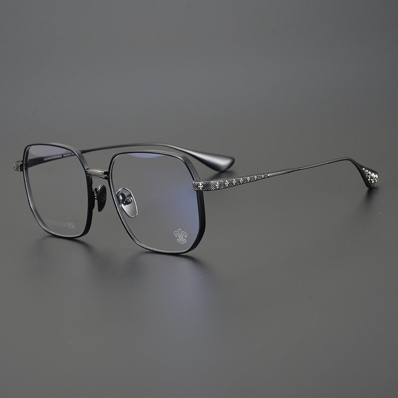 Gothic Punk Oversized Polygon Titanium Eyeglass Frame | Cross - Engraved Chrome - Hearts Style – Ultra - Light Unisex Retro Glasses - HP eyeglasses