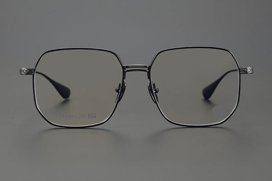 Gothic Punk Oversized Polygon Titanium Eyeglass Frame | Cross - Engraved Chrome - Hearts Style – Ultra - Light Unisex Retro Glasses - HP eyeglasses