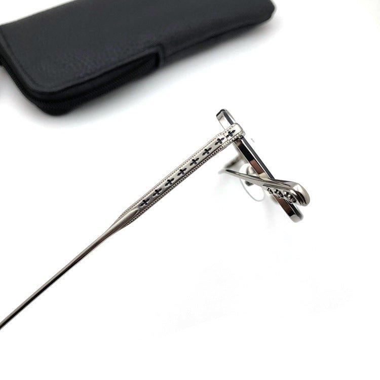 Gothic Titanium Square Glasses with Cross-Engraved Temples & Vintage Details – CH8018 - HP eyeglasses