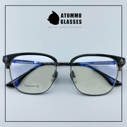 Black Samurai Browline Semi-Rimless Glasses | Gothic Pure Titanium Eyewear for Men with Large Face – Full Frame Style High Prescription Ready