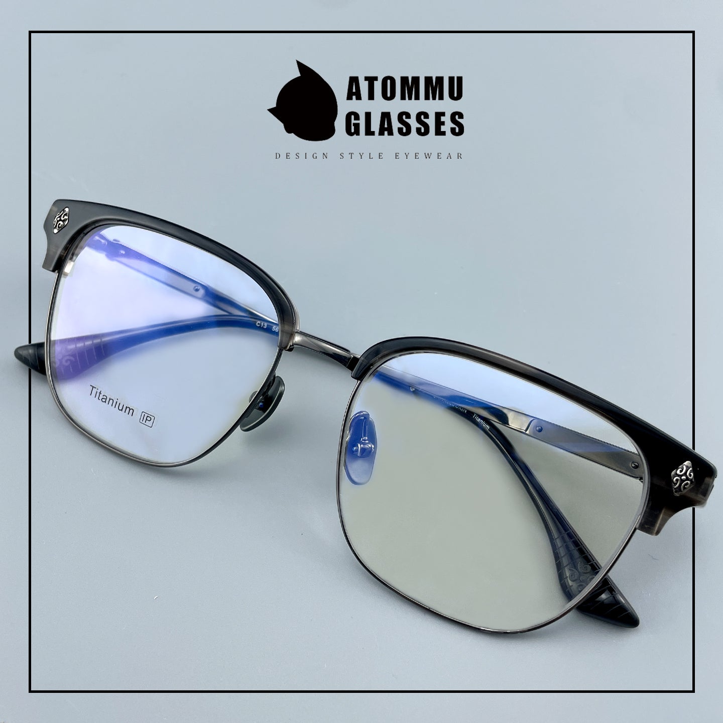 Black Samurai Browline Semi-Rimless Glasses | Gothic Pure Titanium Eyewear for Men with Large Face – Full Frame Style High Prescription Ready