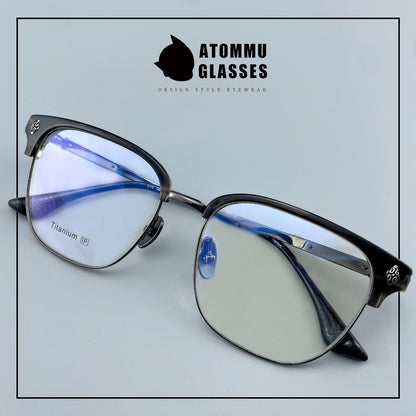 Black Samurai Browline Semi-Rimless Glasses | Gothic Pure Titanium Eyewear for Men with Large Face – Full Frame Style High Prescription Ready