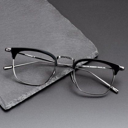 KameManNen Style KMN - 1112 Browline Titanium Eyeglasses | Japanese Minimalist Pure Titanium Frame with Acetate Rim | Lightweight Square Full - Rim Glasses for High Prescription - HP eyeglasses